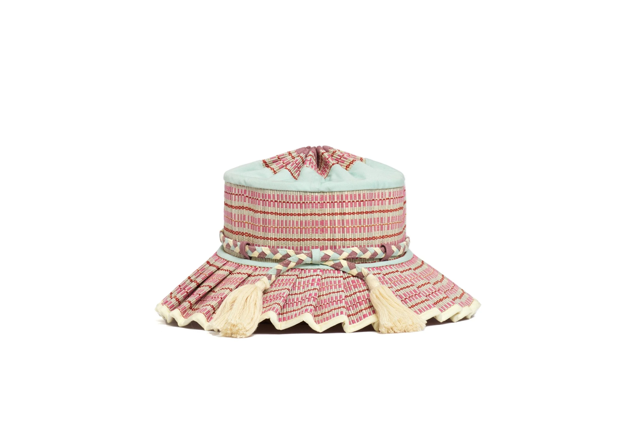 Lorna Murray Procida Island Florence Hat front view in handwoven natural grass fibres with a pleated Maxi brim.