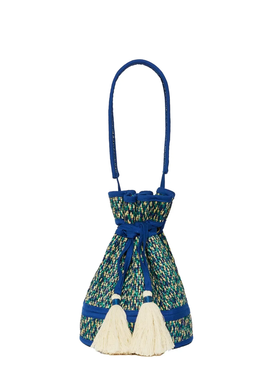 Lorna Murray Skyline Mini Leisure Tote front view in handwoven natural grass fibres with a drawstring closure.