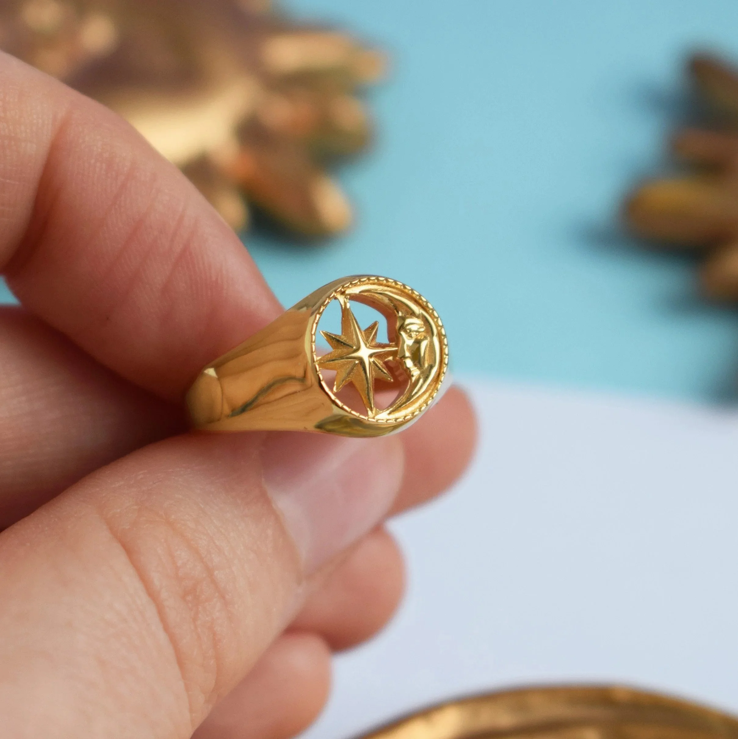Good Daze Celestial Dream Ring in 18k gold vermeil with celestial motif detailing, gift wrapped with Goosebump ring box at Goosebump Hong Kong.