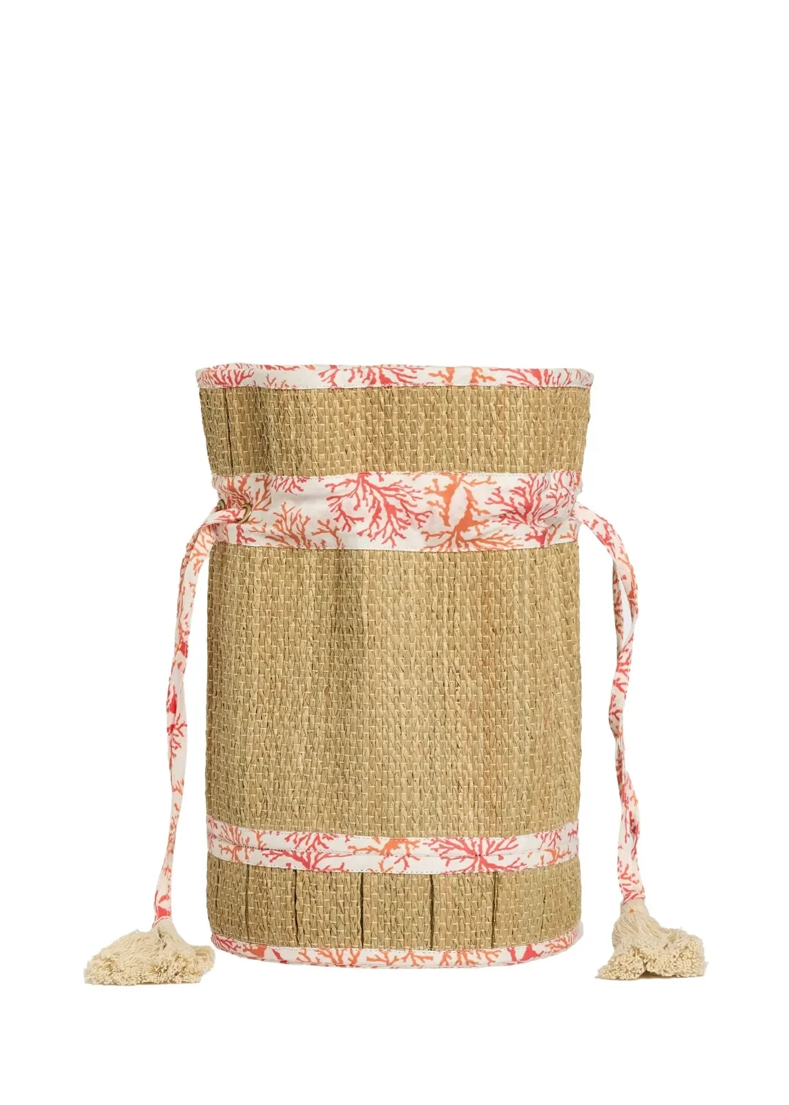 Back view of the Lorna Murray Coral Midi Leisure Tote featuring handcrafted natural grass fibre weaving and drawstring closure.