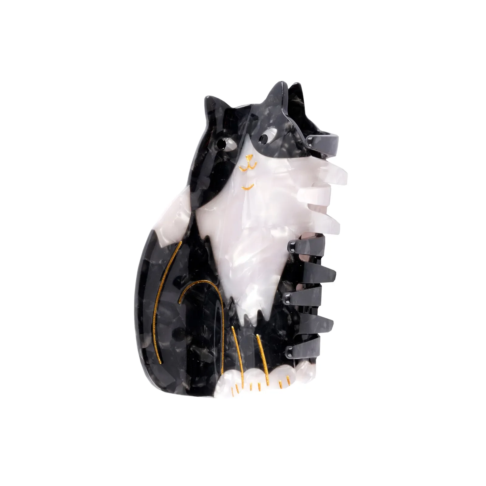 Coucou Suzette Black & White Cat Hair Claw in glossy cellulose acetate, a playful French cat hair accessory for cat lovers.