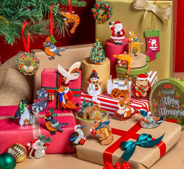 Erstwilder Ruby the Robin Brooch with holly berries, festive robin design in layered resin. Ideal Christmas accessory for nature lovers and vintage style fans.