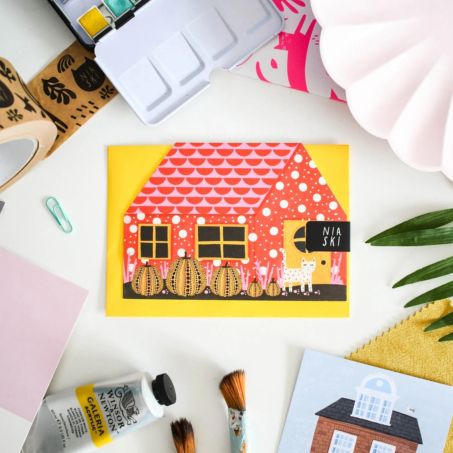 Yayoi Catsama cat house card by NIASKI, colourful art-inspired cat greeting card and small gift for cat lovers at Goosebump Hong Kong