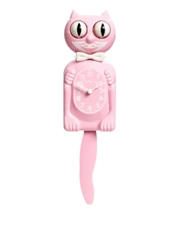 Bubblegum Pink Kitty-Cat Klock 12.75-inch pink wall clock with white bow tie, moving eyes and wagging tail