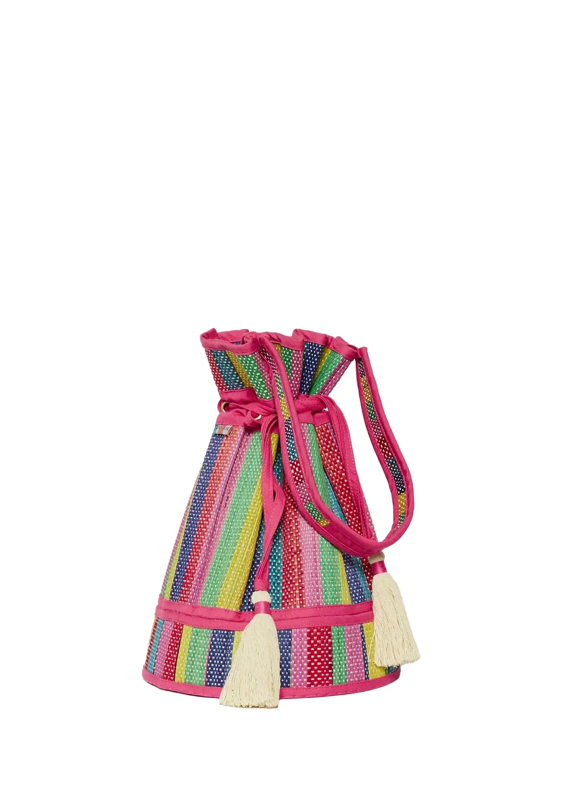 Side view of the Lorna Murray Resort Party Fuchsia Midi Leisure Tote highlighting its lightweight handcrafted structure and comfortable shoulder strap.