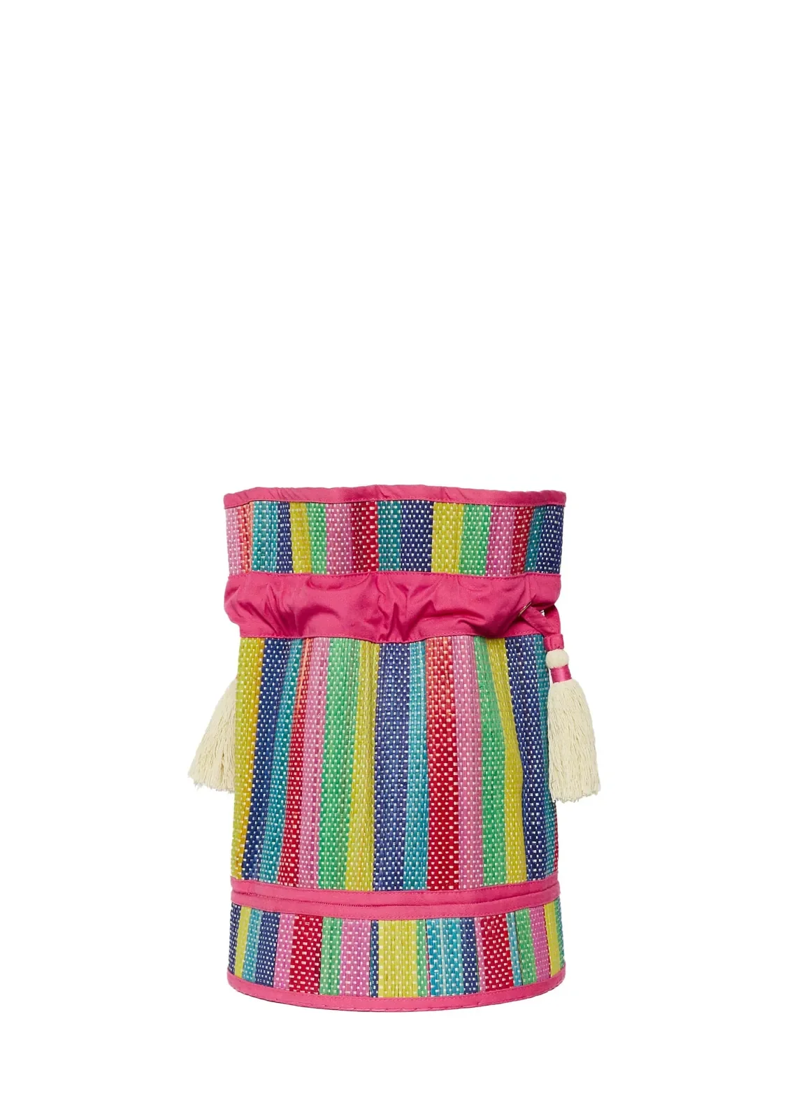 Back view of the Lorna Murray Resort Party Fuchsia Midi Leisure Tote showcasing its spacious woven construction and drawstring design.
