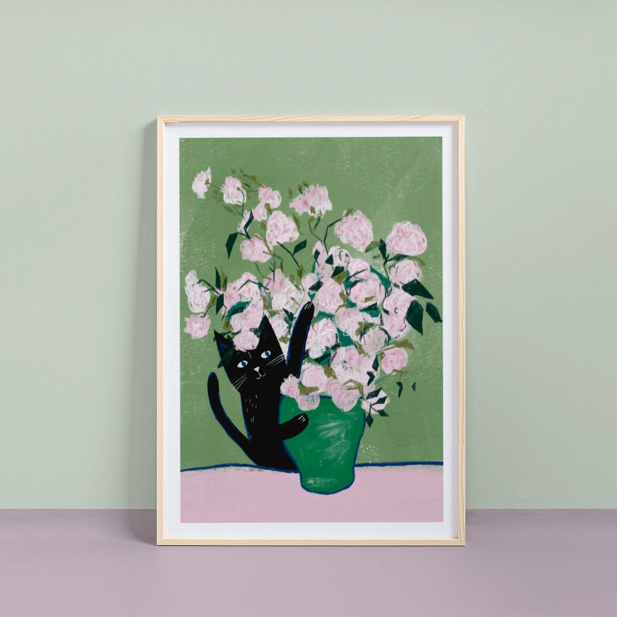 Vincat and the Roses Cat Print A4 by NIASKI, Van Gogh inspired floral cat wall art print for soft home decor and art lover gifts at Goosebump Hong Kong