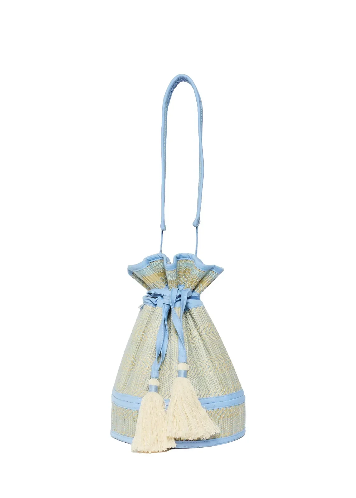 Lorna Murray Blue Bird Mini Leisure Tote front view in handwoven natural grass fibres with a drawstring closure.