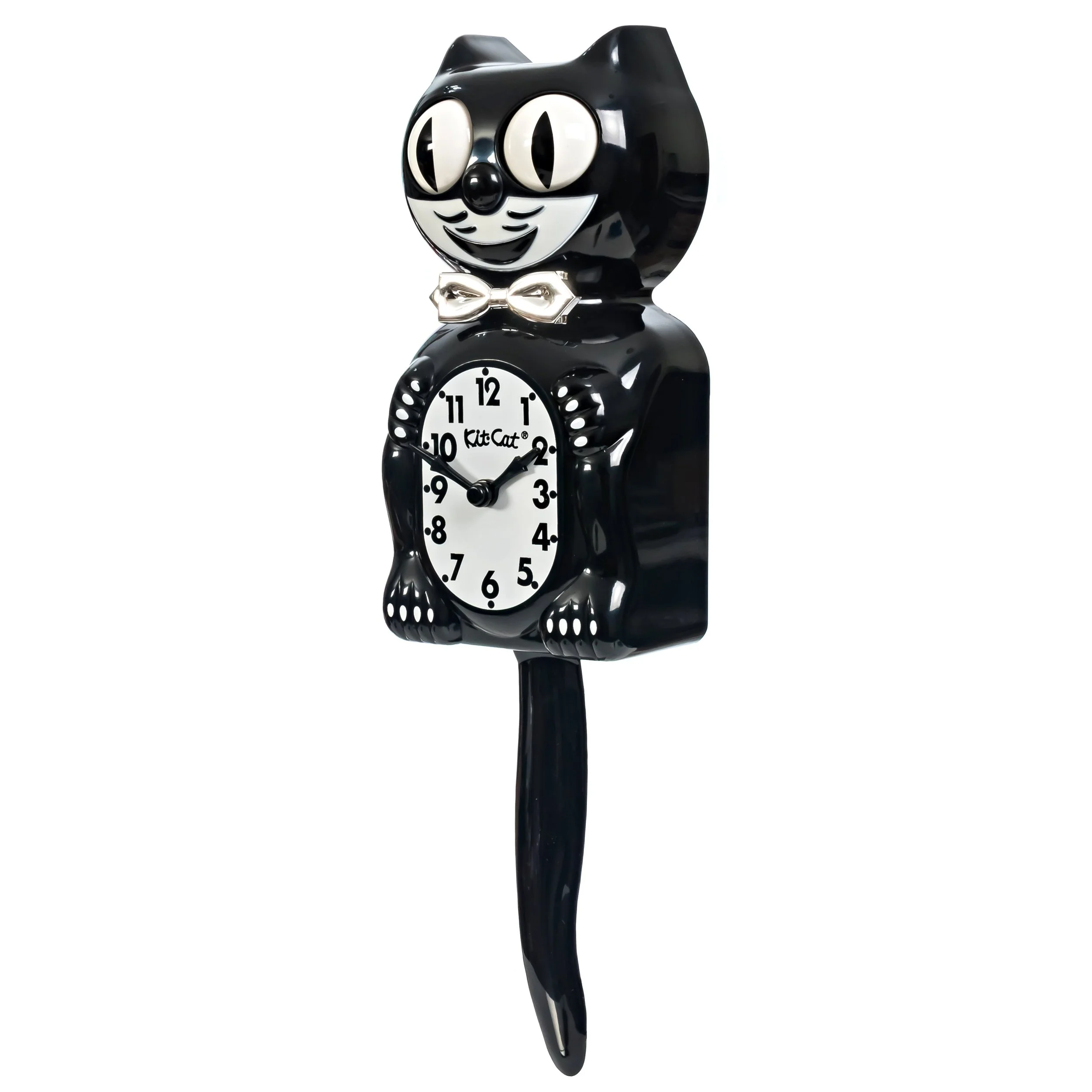 Tuxedo Kit-Cat Klock with black body, ivory belly, chrome bow tie, moving eyes and wagging tail, available at Goosebump Hong Kong.