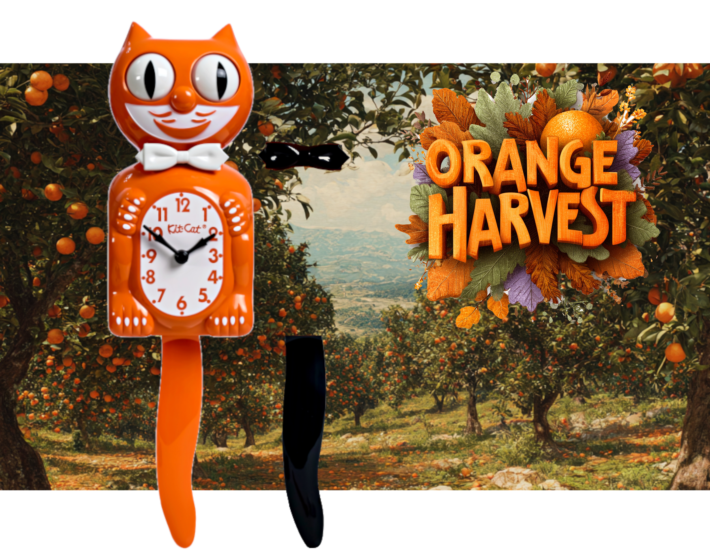 Orange Harvest Kit-Cat Klock in glossy orange with black bow tie, moving eyes and wagging tail, available at Goosebump Hong Kong.