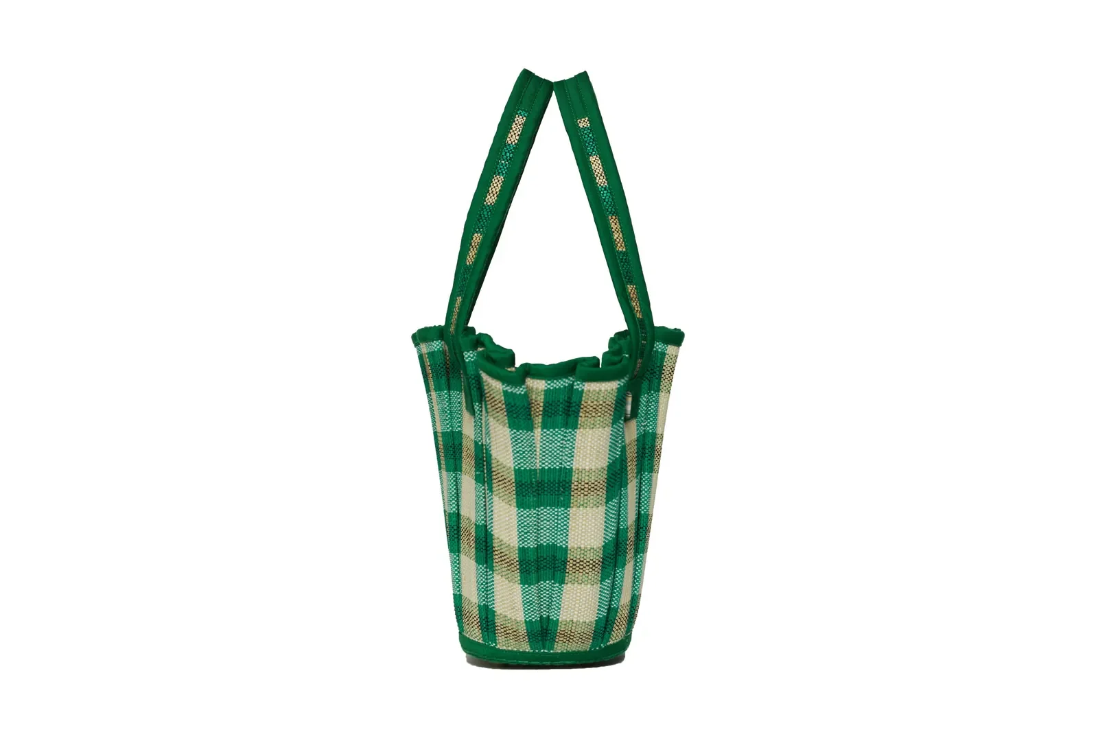 Side profile of the Lorna Murray Darwin Mini Tropez Tote showcasing its compact handcrafted woven construction.