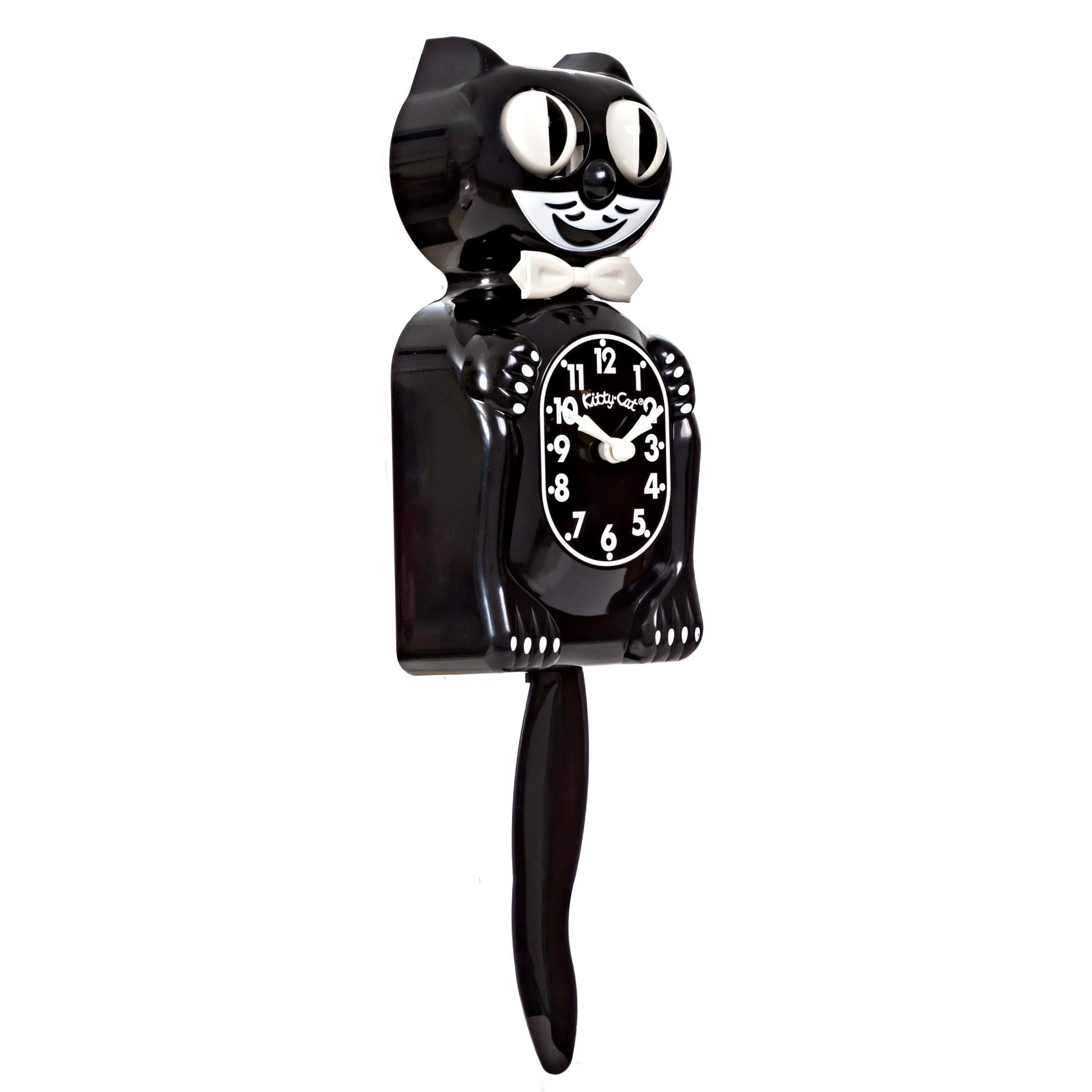 Black Kitty-Cat Klock 3/4 size retro wall clock with moving eyes and wagging tail, available at Goosebump Hong Kong.