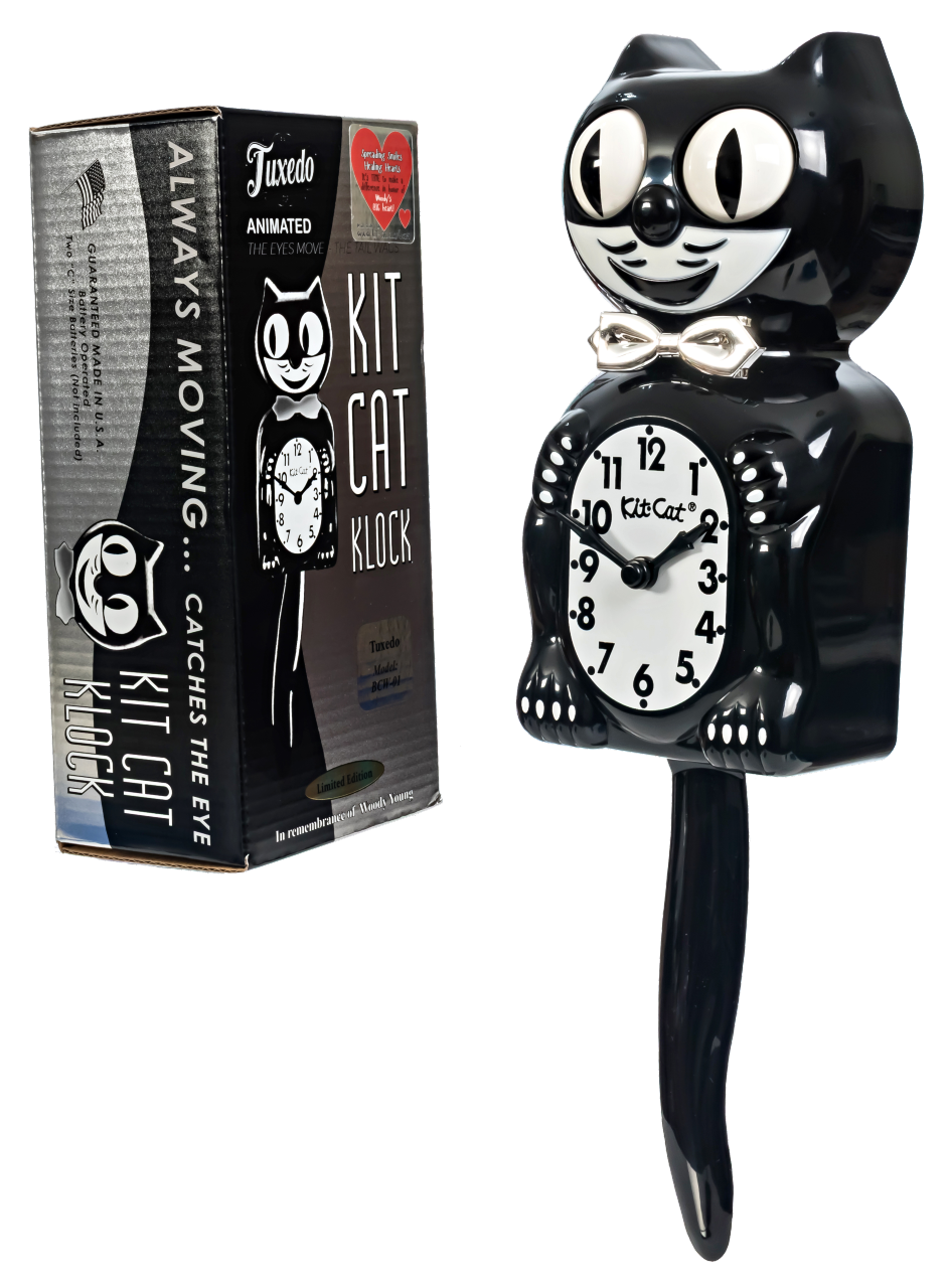 Tuxedo Kit-Cat Klock with black body, ivory belly, chrome bow tie, moving eyes and wagging tail, available at Goosebump Hong Kong.