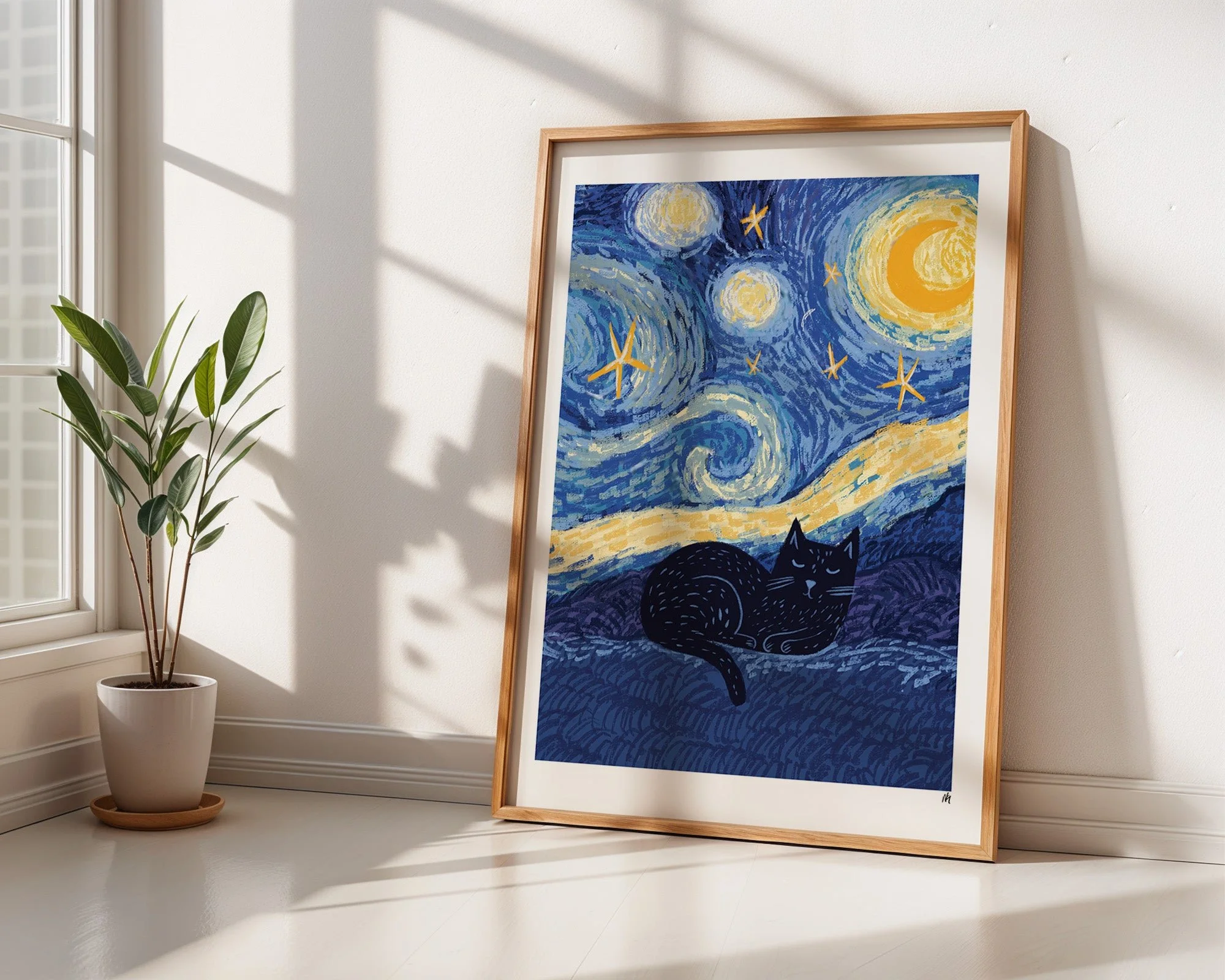 Starry Night Cat Art Print A4 by NIASKI, Van Gogh inspired cat wall art print for dreamy home decor and art lover gifts at Goosebump Hong Kong