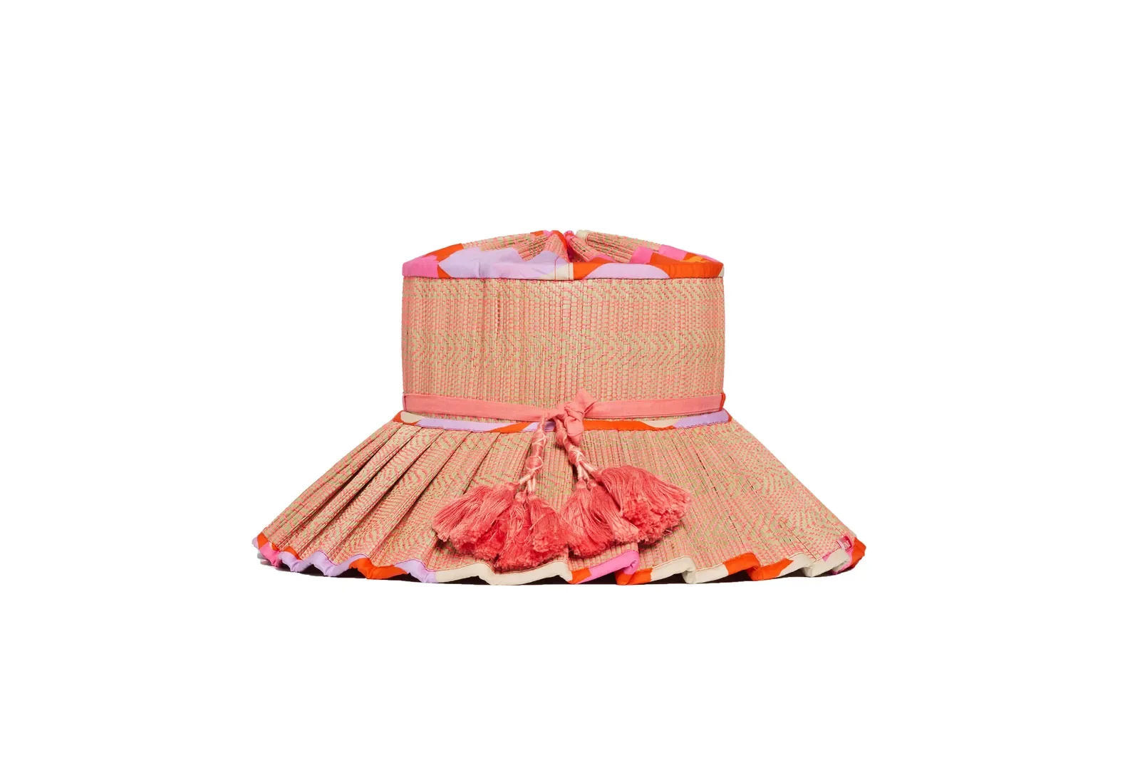 Lorna Murray Longboard Island Capri Play Hat front view with pleated Maxi brim, Liberty Fabrics accents and tassel embellishment.