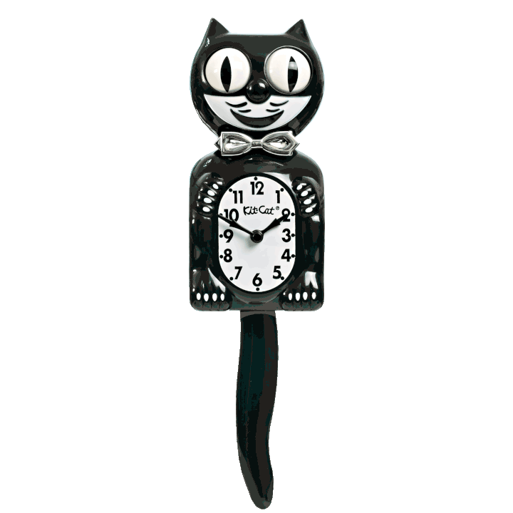 Tuxedo Kit-Cat Klock with black body, ivory belly, chrome bow tie, moving eyes and wagging tail, available at Goosebump Hong Kong.