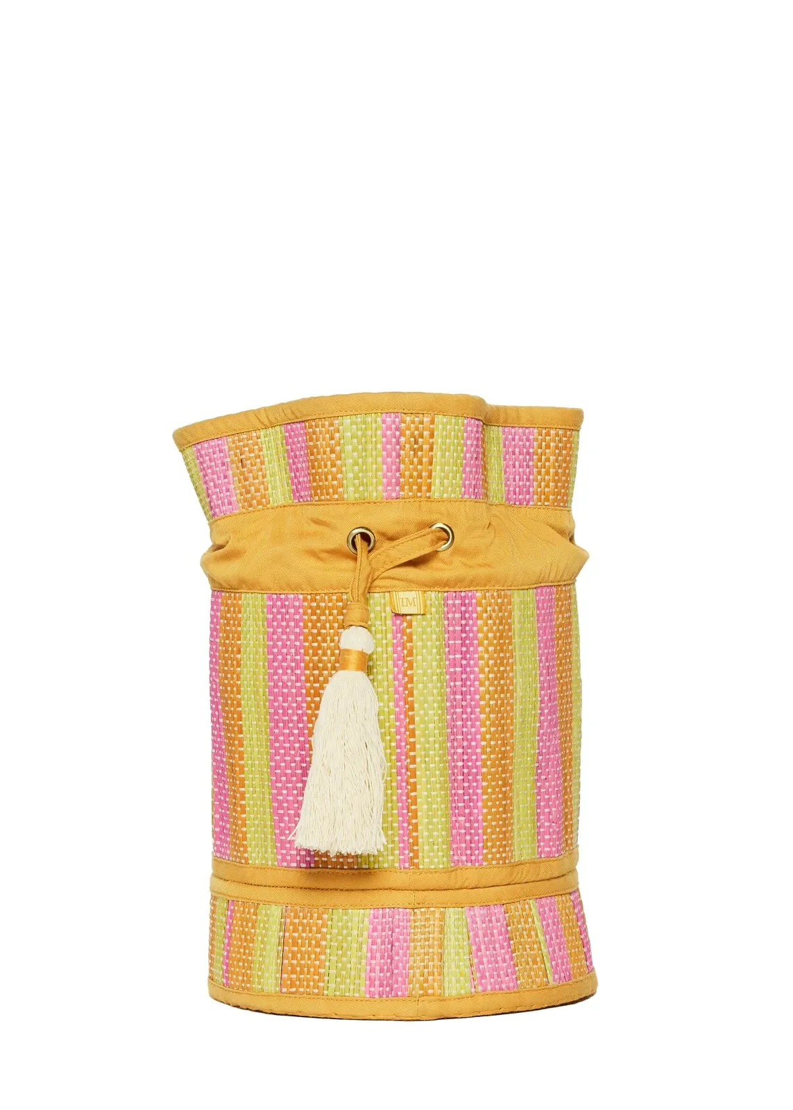 Back view of the Lorna Murray Bird of Paradise Mini Leisure Tote featuring handcrafted natural grass fibre weaving and a drawstring closure.