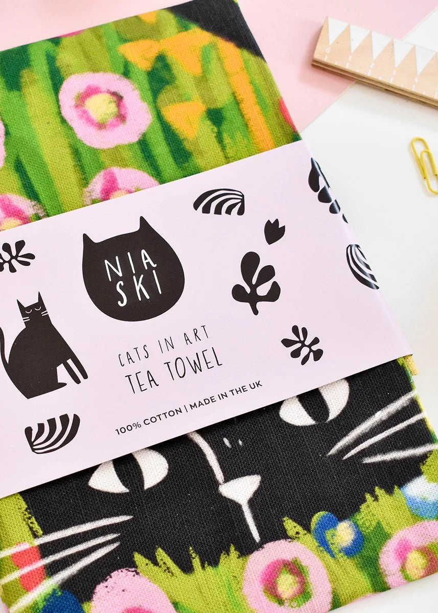 Klimt Garden Cat Tea Towel by NIASKI, 100% cotton Cats in Art kitchen towel and art-inspired home gift for cat lovers at Goosebump Hong Kong