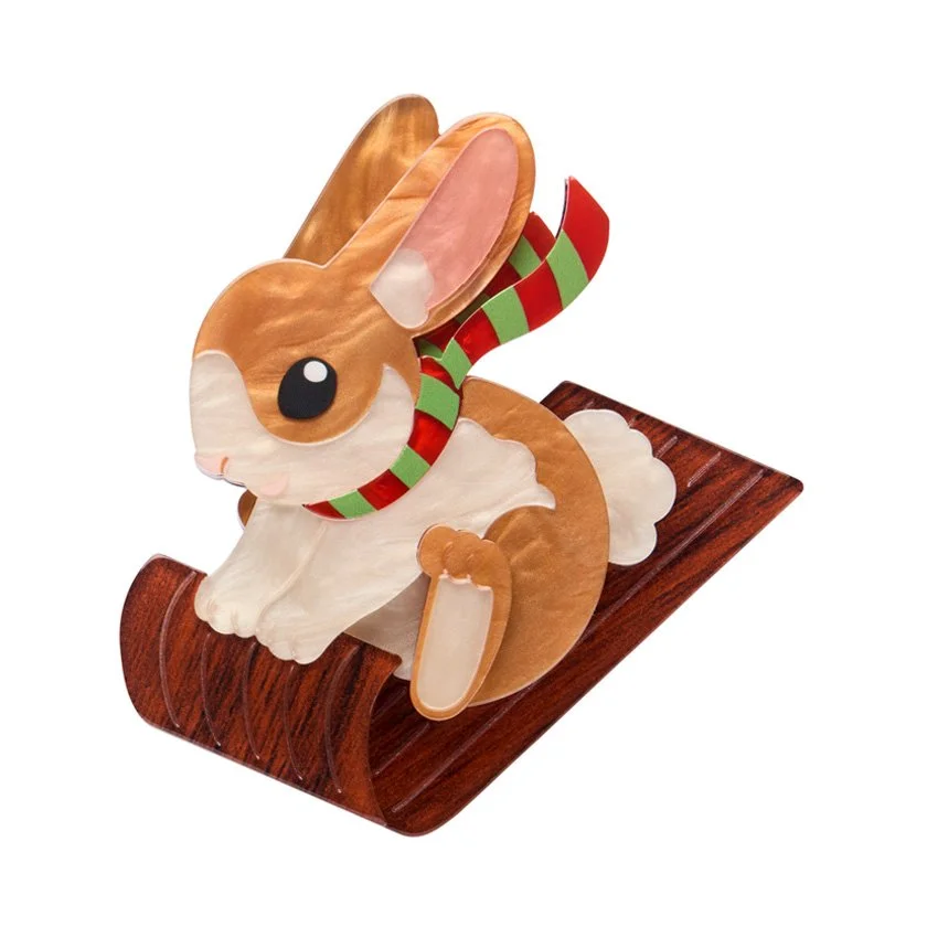 Breezy the Bunny Brooch by Erstwilder — cute pastel bunny wearing winter bow, handmade layered resin. Perfect for soft-aesthetic Christmas gifting. Exclusive at Goosebump Hong Kong.