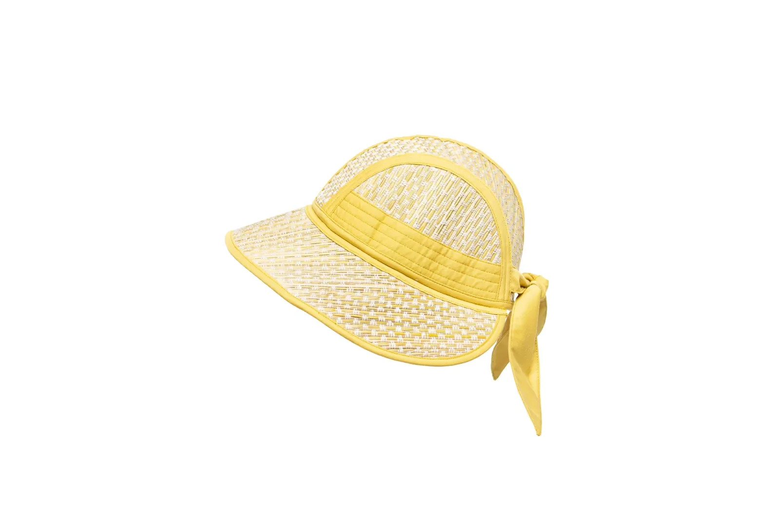 Lorna Murray Tuscany Riviera Hat side view in handwoven natural grass fibres with yellow trim and adjustable back ties.