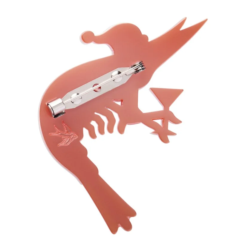 Erstwilder Pascal the Prawn brooch with Santa hat holding Christmas gift. Bright orange resin, festive seaside style. Limited batch at Goosebump Hong Kong.