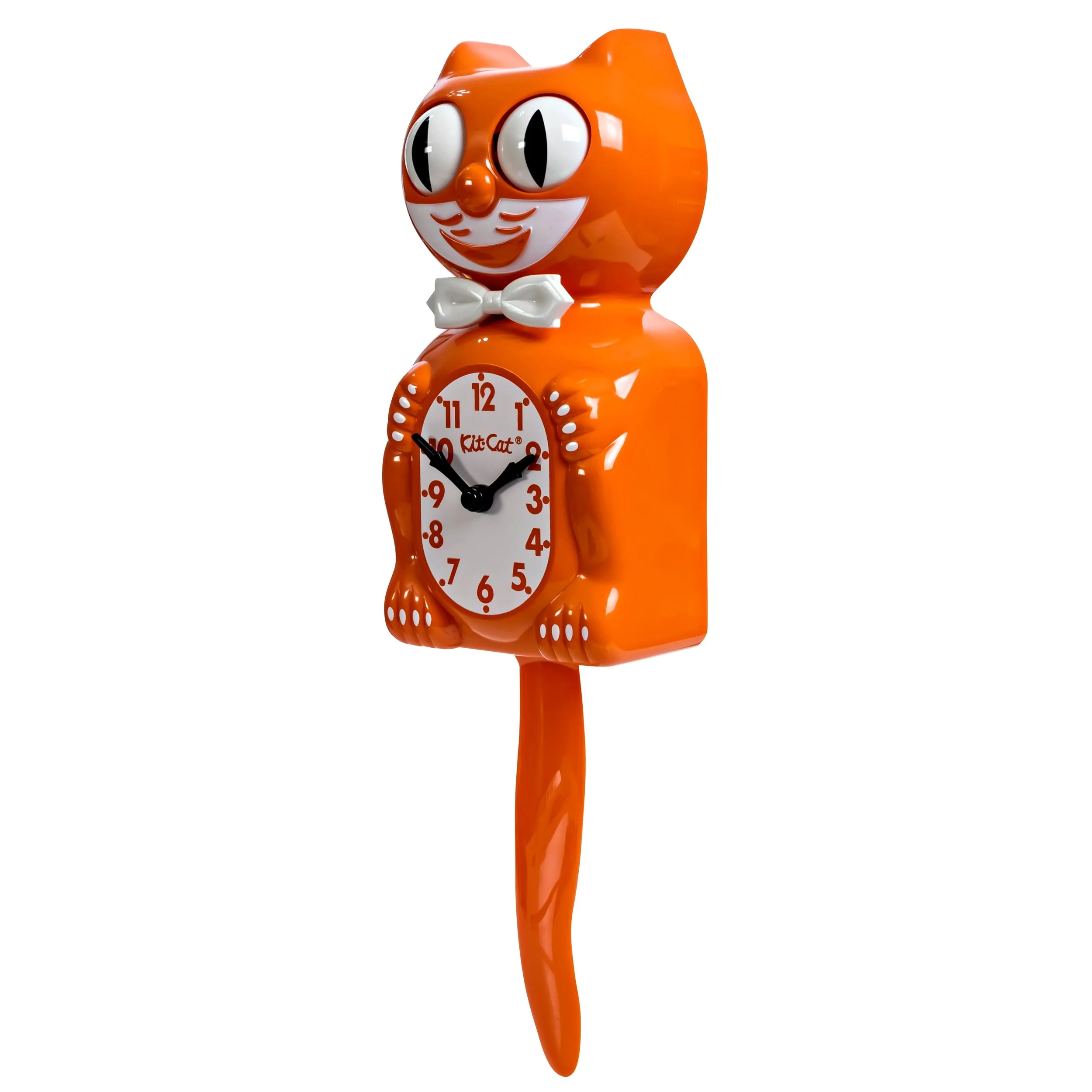 Orange Harvest Kit-Cat Klock in glossy orange with black bow tie, moving eyes and wagging tail, available at Goosebump Hong Kong.