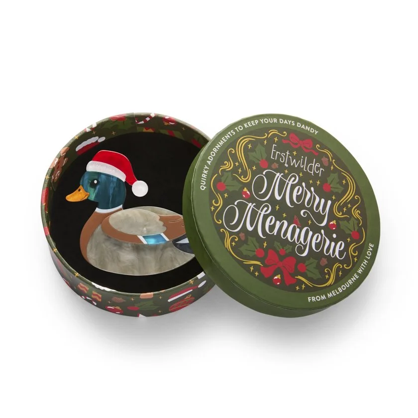 Erstwilder Daphne the Duck Christmas brooch with Santa hat and marbled feathers. Limited small-batch festive gift exclusive in Hong Kong at Goosebump.