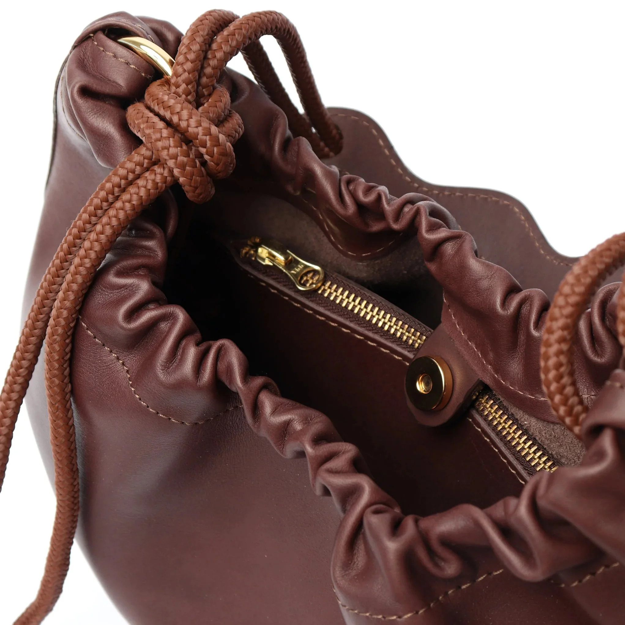 hocolate brown leather Flora Bag by Project Dyad with tulip-style opening and handcrafted details.