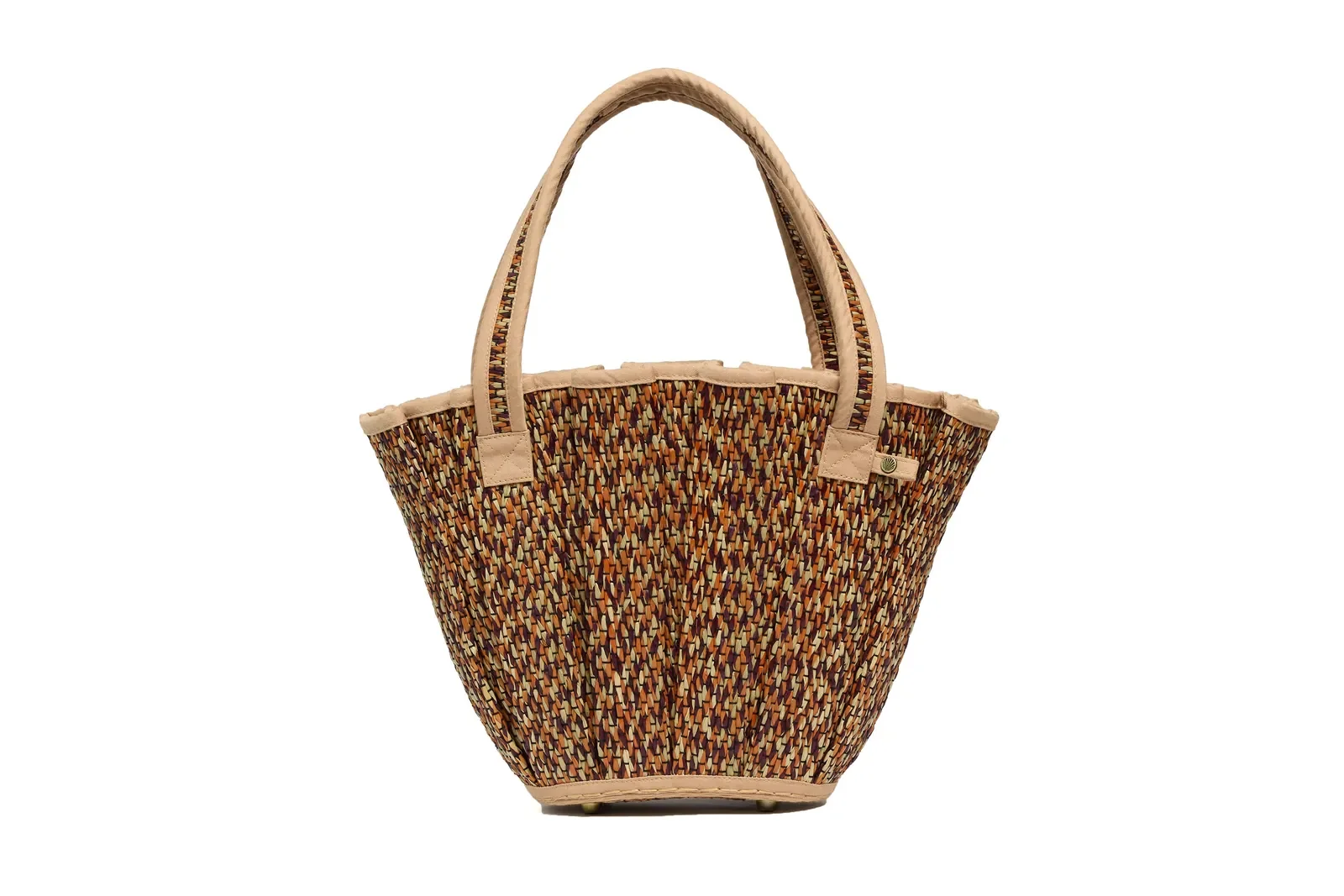 Lorna Murray Dawn Mini Tropez Tote Bag front view in handwoven natural grass fibres.