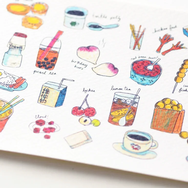 Hong Kong food illustrated postcard by All Things Bright And Beautiful