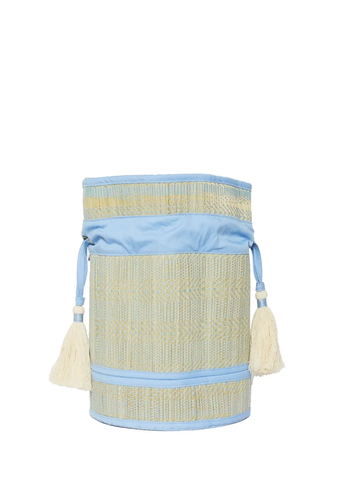 Front view of the Lorna Murray Blue Bird Mini Leisure Tote with the shoulder strap extended, showcasing its lightweight woven construction.