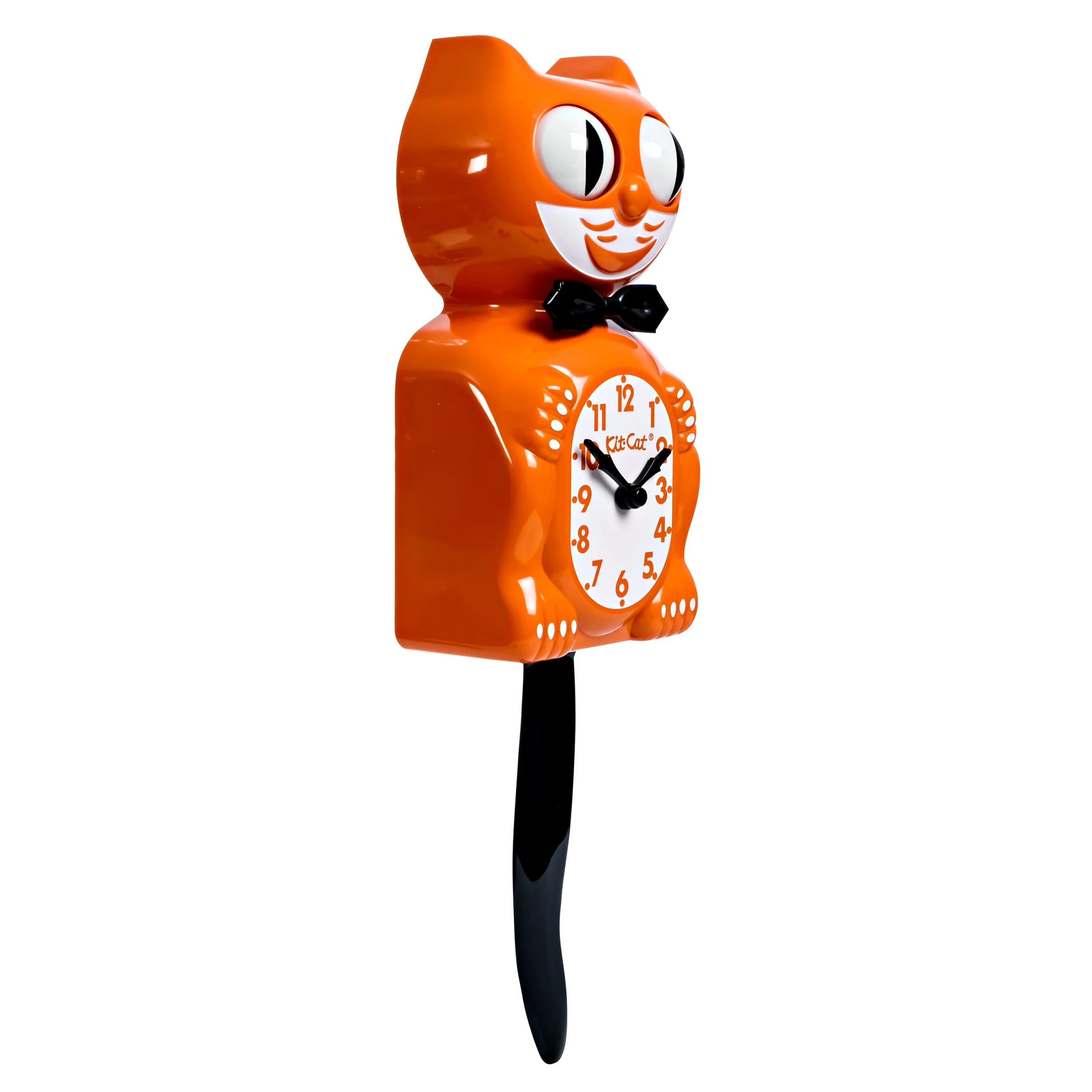 Orange Harvest Kit-Cat Klock in glossy orange with black bow tie, moving eyes and wagging tail, available at Goosebump Hong Kong.