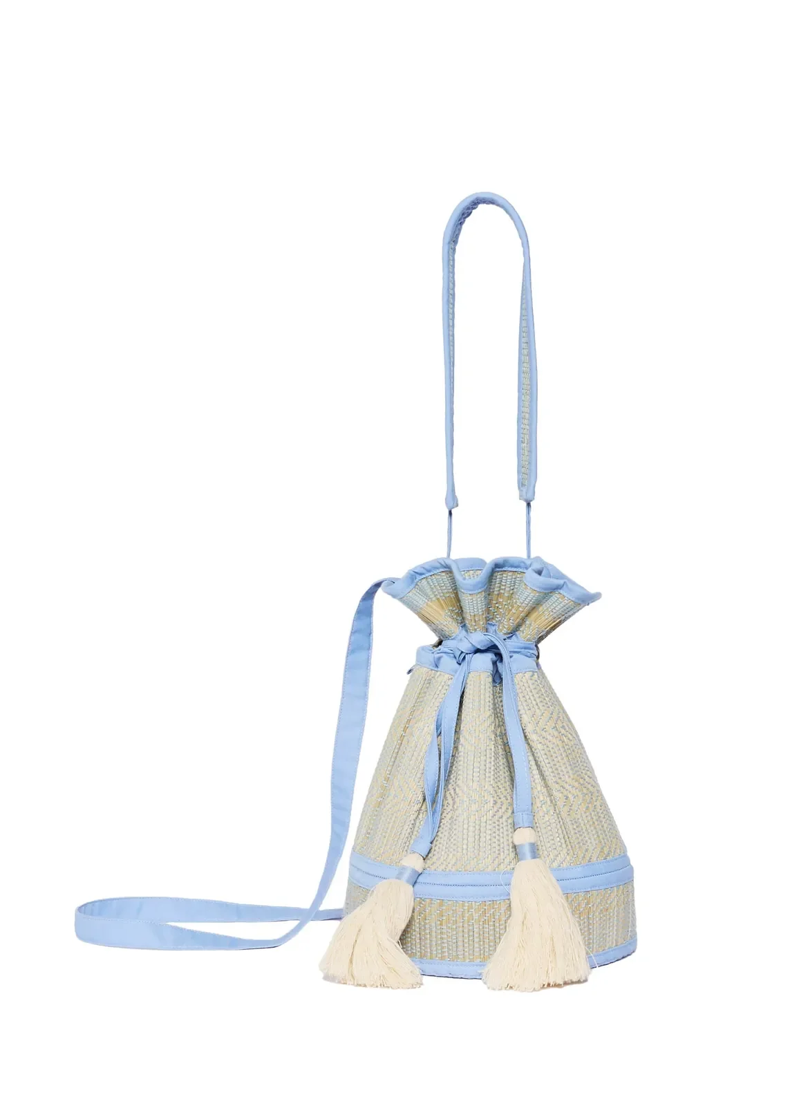 Front view of the Lorna Murray Blue Bird Mini Leisure Tote with the shoulder strap extended, showcasing its lightweight woven construction.