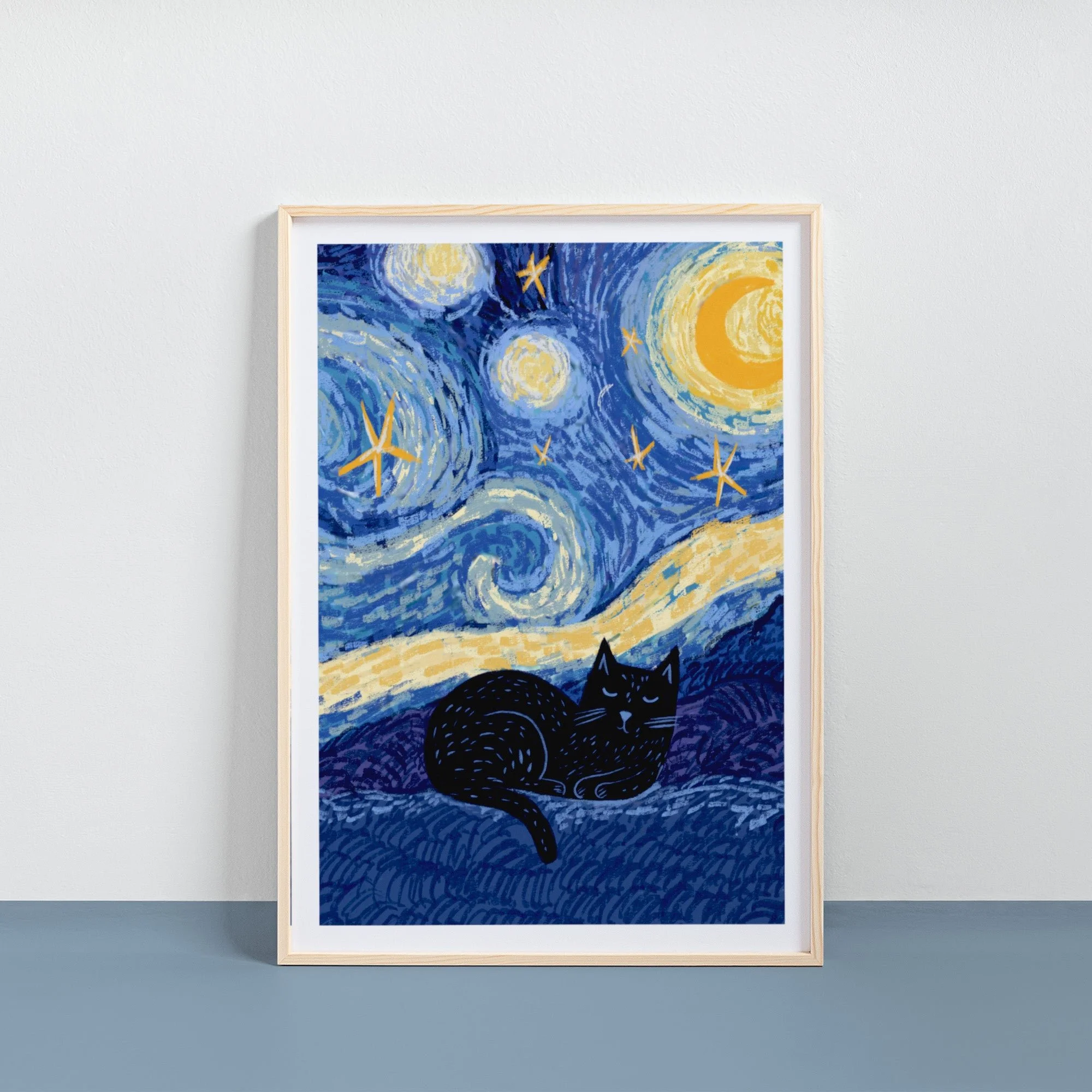 Starry Night Cat Art Print A4