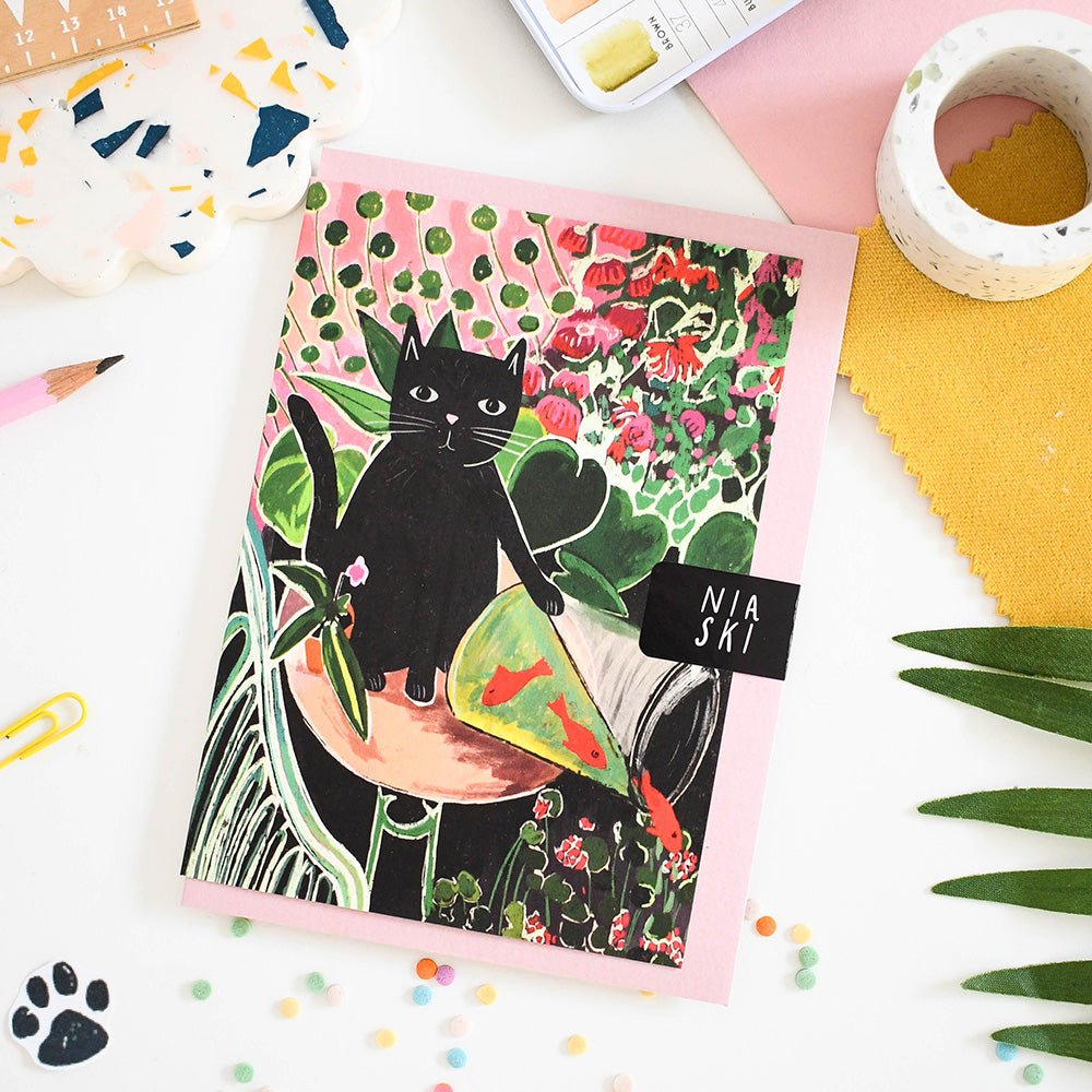 Catisse and the Goldfish Cat Card by NIASKI, colourful Matisse inspired cat greeting card and small gift for cat lovers at Goosebump Hong Kong