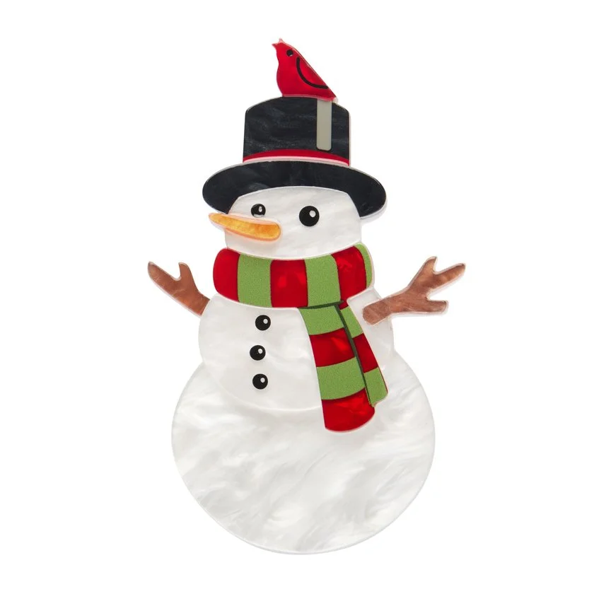 Erstwilder Frosty Fellow snowman brooch with striped scarf and red bird on hat. Festive resin design, limited release, exclusive in Hong Kong at Goosebump.