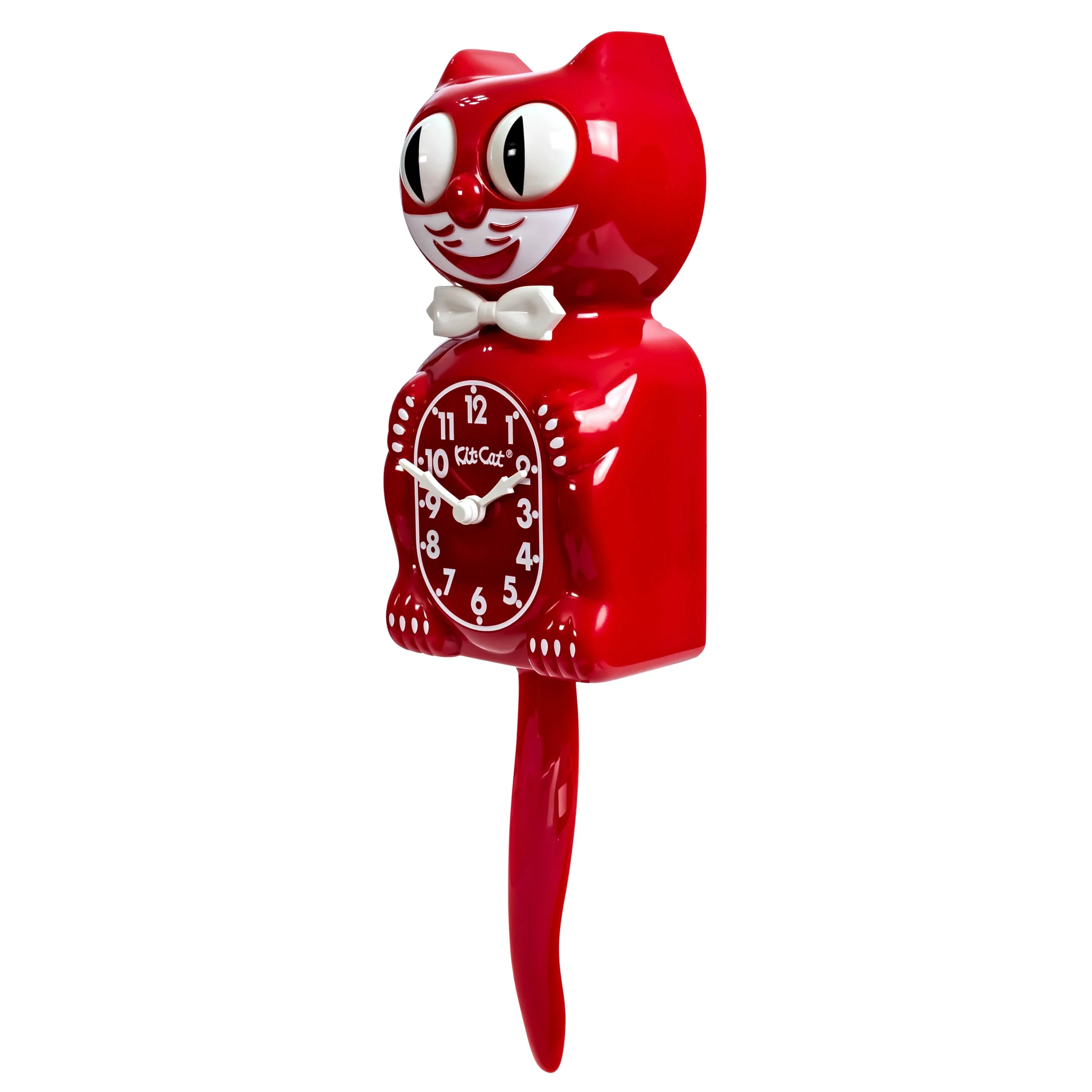 Classic Red Kit-Cat Klock in glossy red with white details, moving eyes and wagging tail, available at Goosebump Hong Kong.