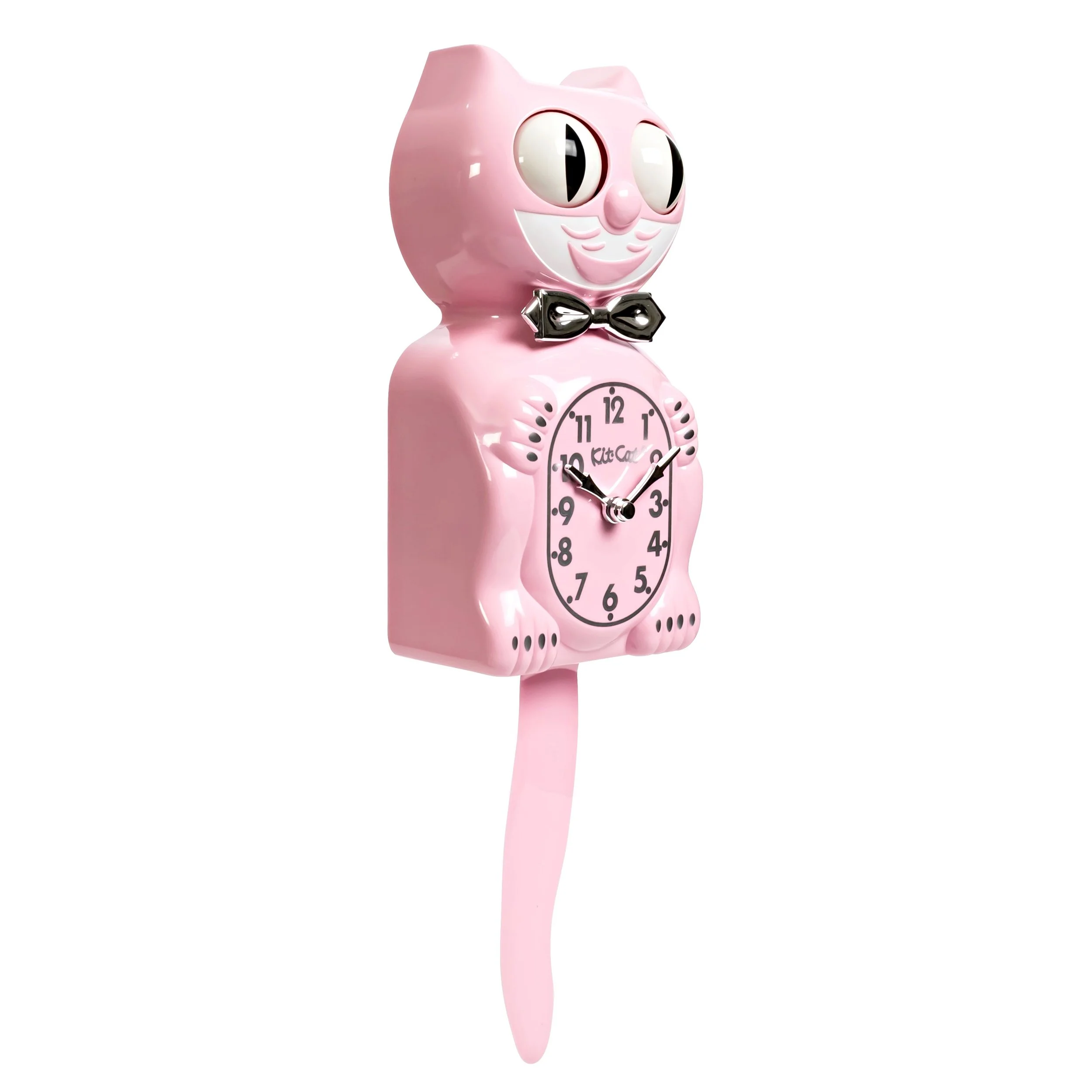 Retro Pink Kitchen Edition Kit-Cat Klock in soft pink with chrome bow tie, silver numbers, moving eyes and wagging tail, available at Goosebump Hong Kong.