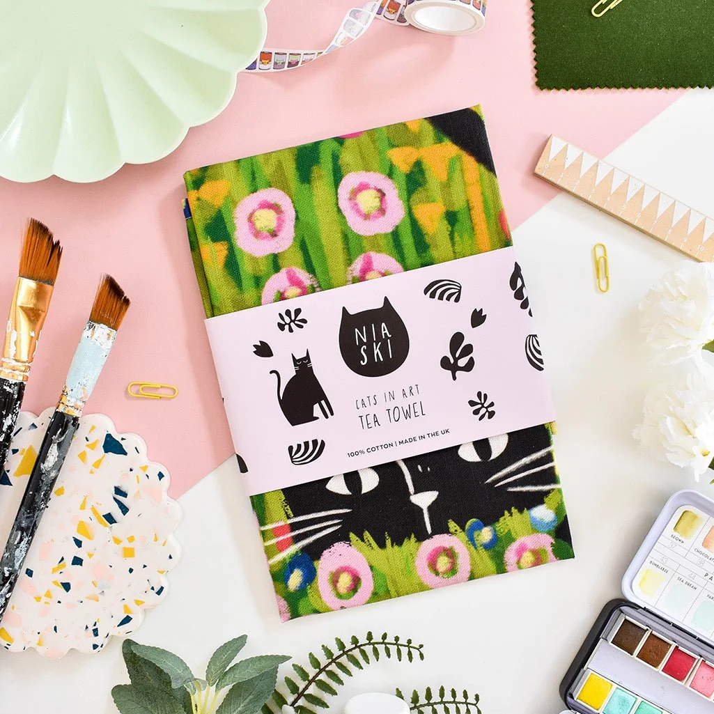 Klimt Garden Cat Tea Towel by NIASKI, 100% cotton Cats in Art kitchen towel and art-inspired home gift for cat lovers at Goosebump Hong Kong