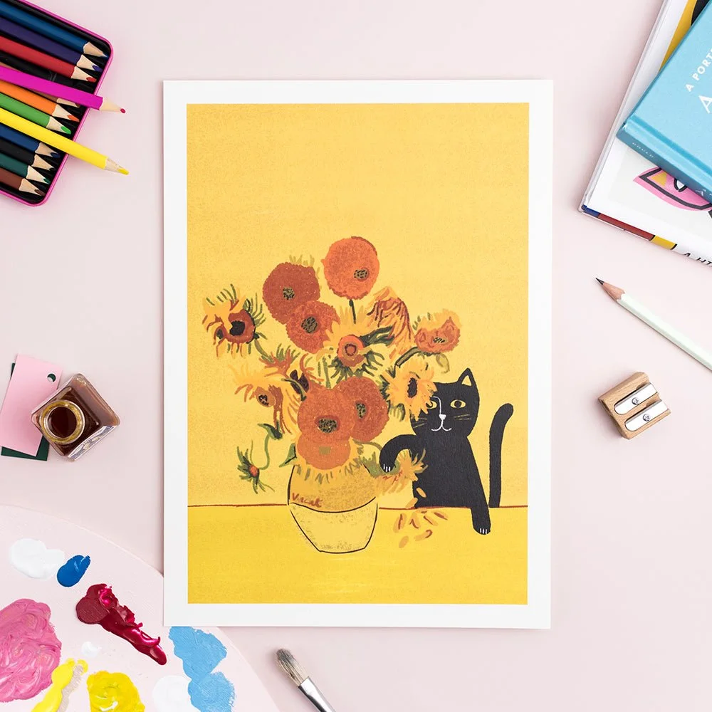 Sunflower Vase Cat Art Print A4 by NIASKI, Van Gogh inspired sunflower cat wall art print for cheerful home decor and art lover gifts at Goosebump Hong Kong