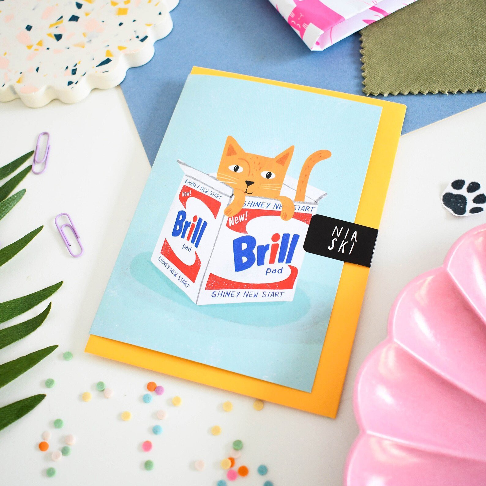Brillo New Home Cat Card by NIASKI, colourful art-inspired new home greeting card and small gift for cat lovers at Goosebump Hong Kong