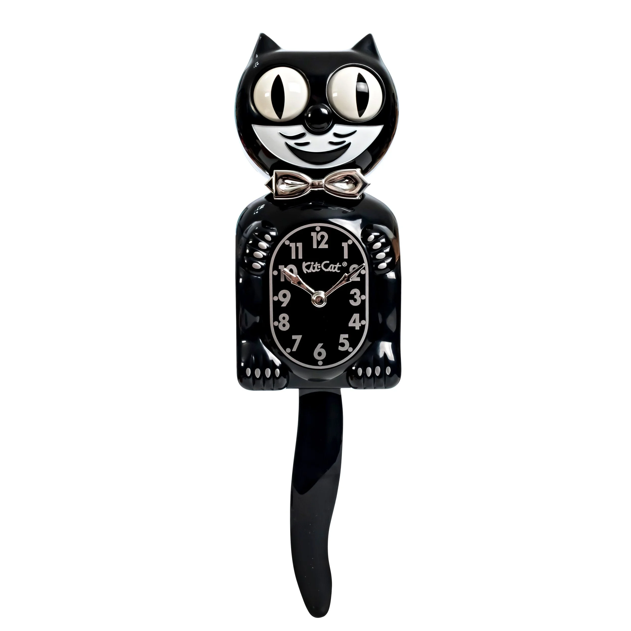 Retro Black Kitchen Edition Kit-Cat Klock in glossy black with chrome bow tie, silver numbers, moving eyes and wagging tail, available at Goosebump Hong Kong.