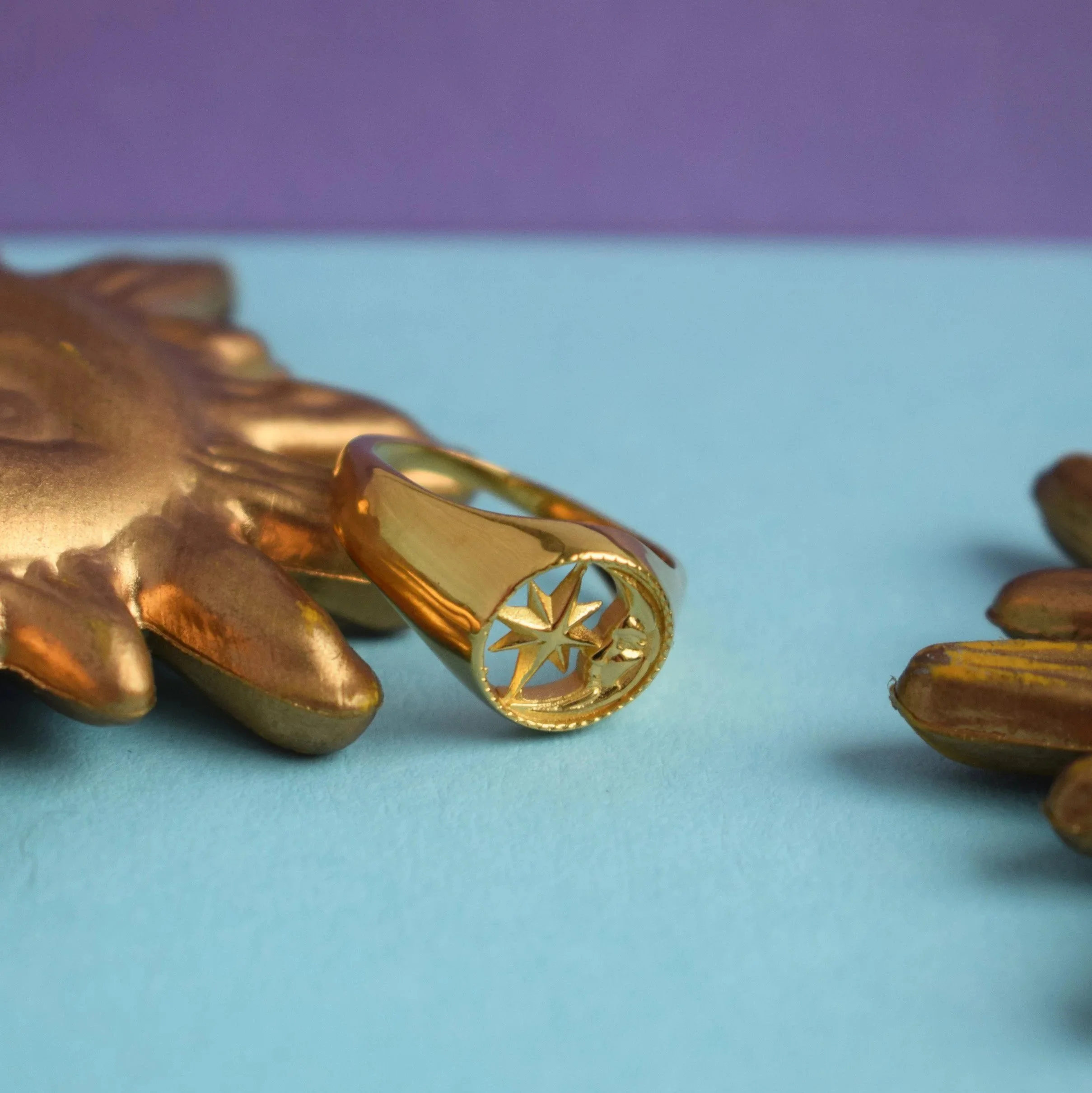 Good Daze Celestial Dream Ring in 18k gold vermeil with celestial motif detailing, gift wrapped with Goosebump ring box at Goosebump Hong Kong.