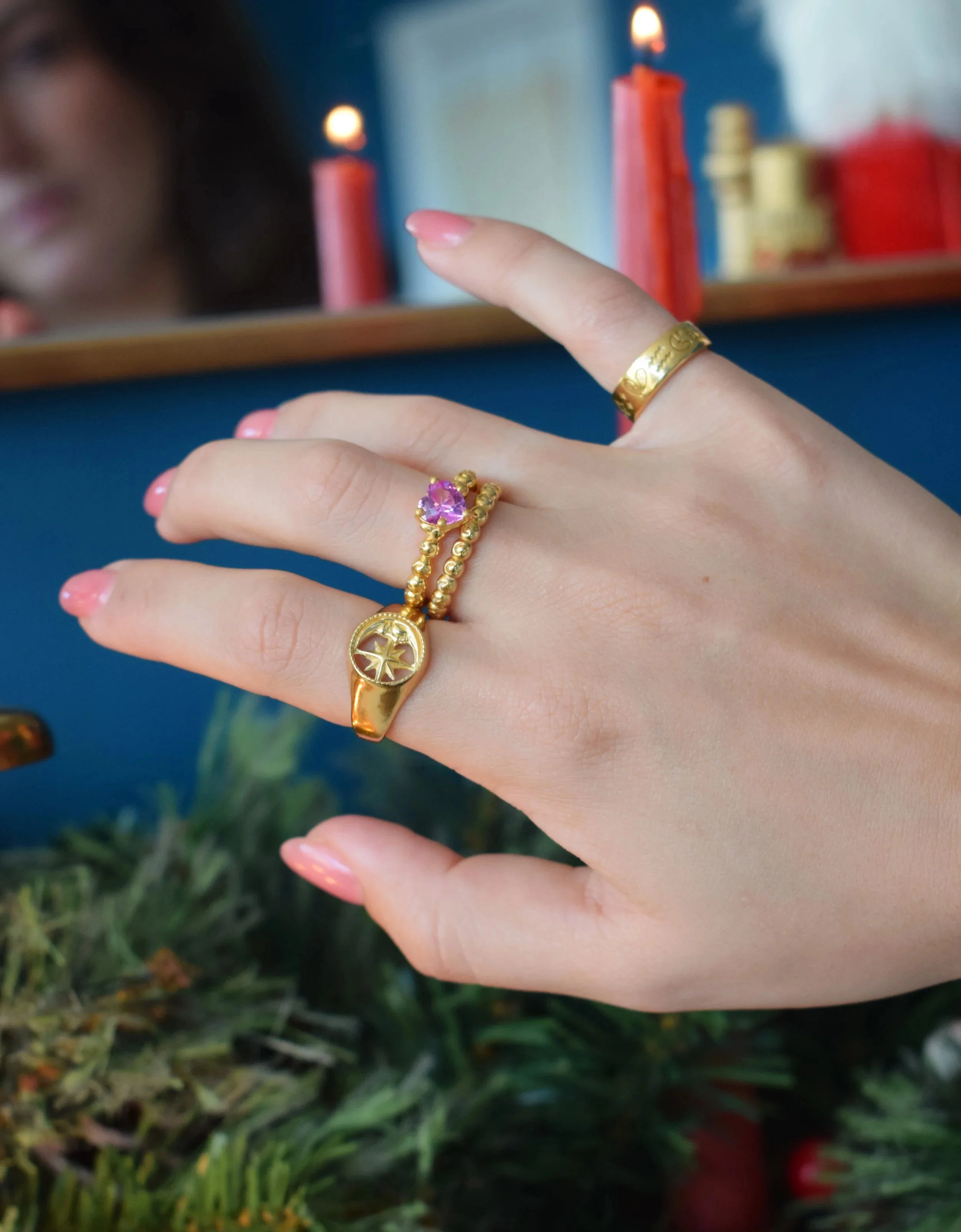 Good Daze Celestial Dream Ring in 18k gold vermeil with celestial motif detailing, gift wrapped with Goosebump ring box at Goosebump Hong Kong.