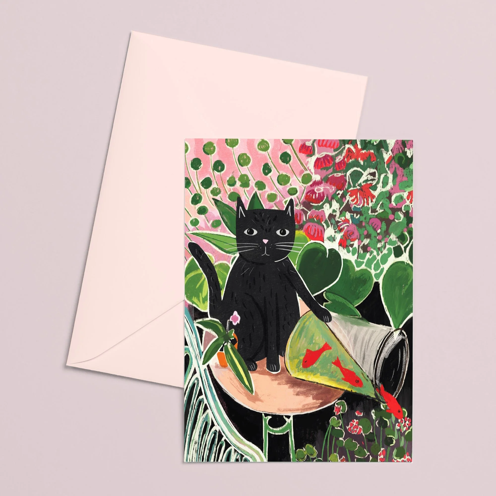 Catisse and the Goldfish Cat Card by NIASKI, colourful Matisse inspired cat greeting card and small gift for cat lovers at Goosebump Hong Kong