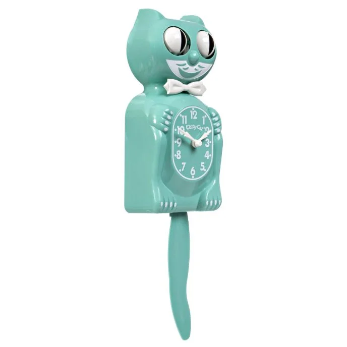 Ocean Waves Kitty-Cat Klock 3/4 size retro wall clock in green-blue with moving eyes and wagging tail, available at Goosebump Hong Kong.