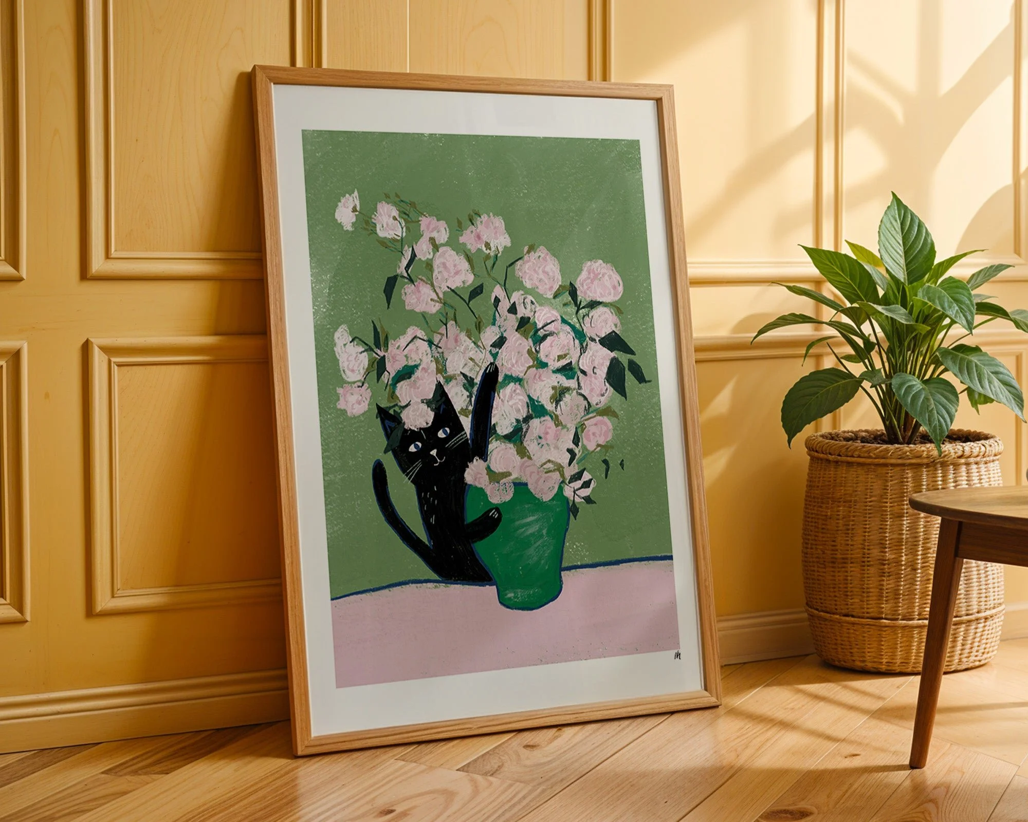 Vincat and the Roses Cat Print A4 by NIASKI, Van Gogh inspired floral cat wall art print for soft home decor and art lover gifts at Goosebump Hong Kong
