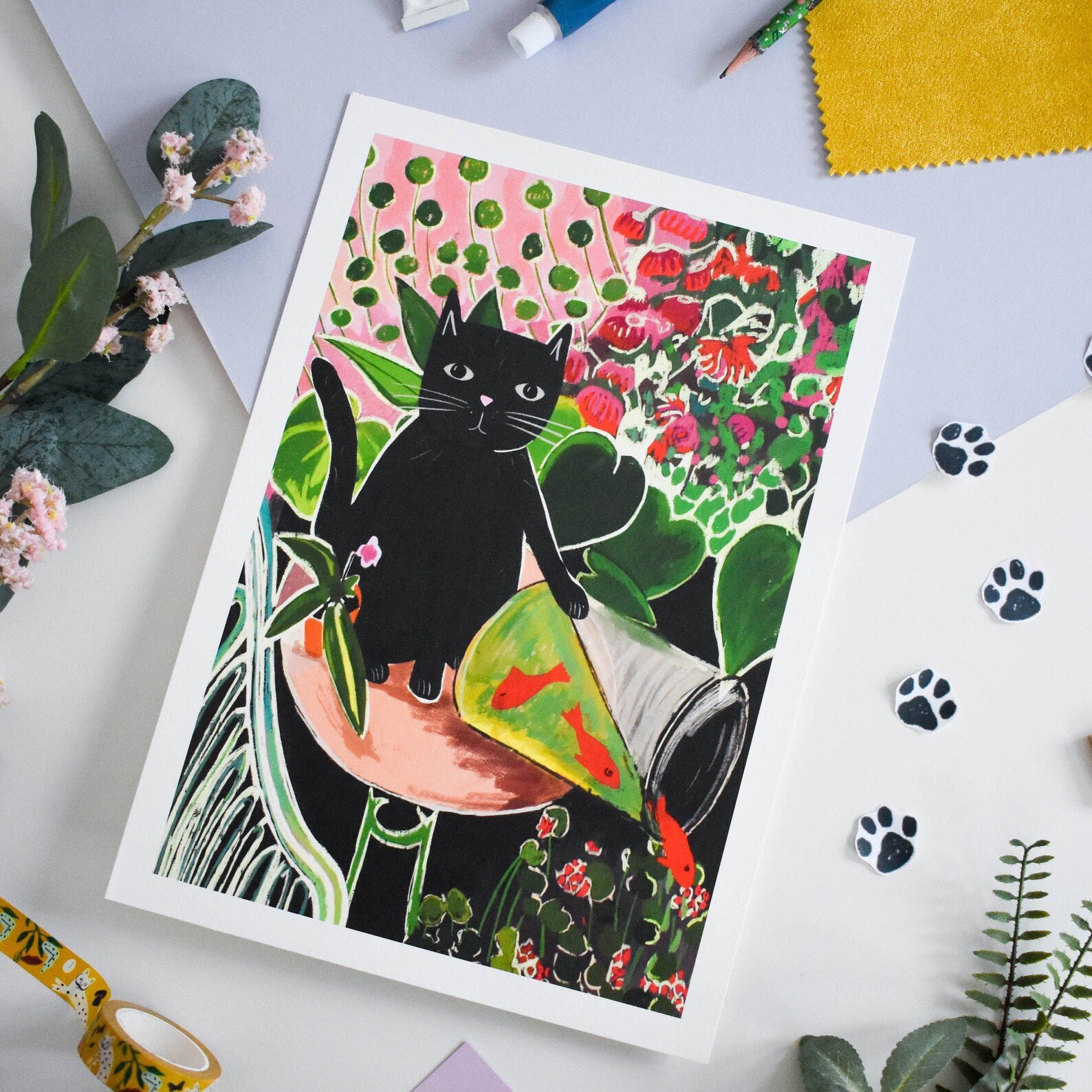 Catisse and the Goldfish Cat Art Print A4 by NIASKI, Matisse inspired cat wall art print for colourful home decor and art lover gifts at Goosebump Hong Kong