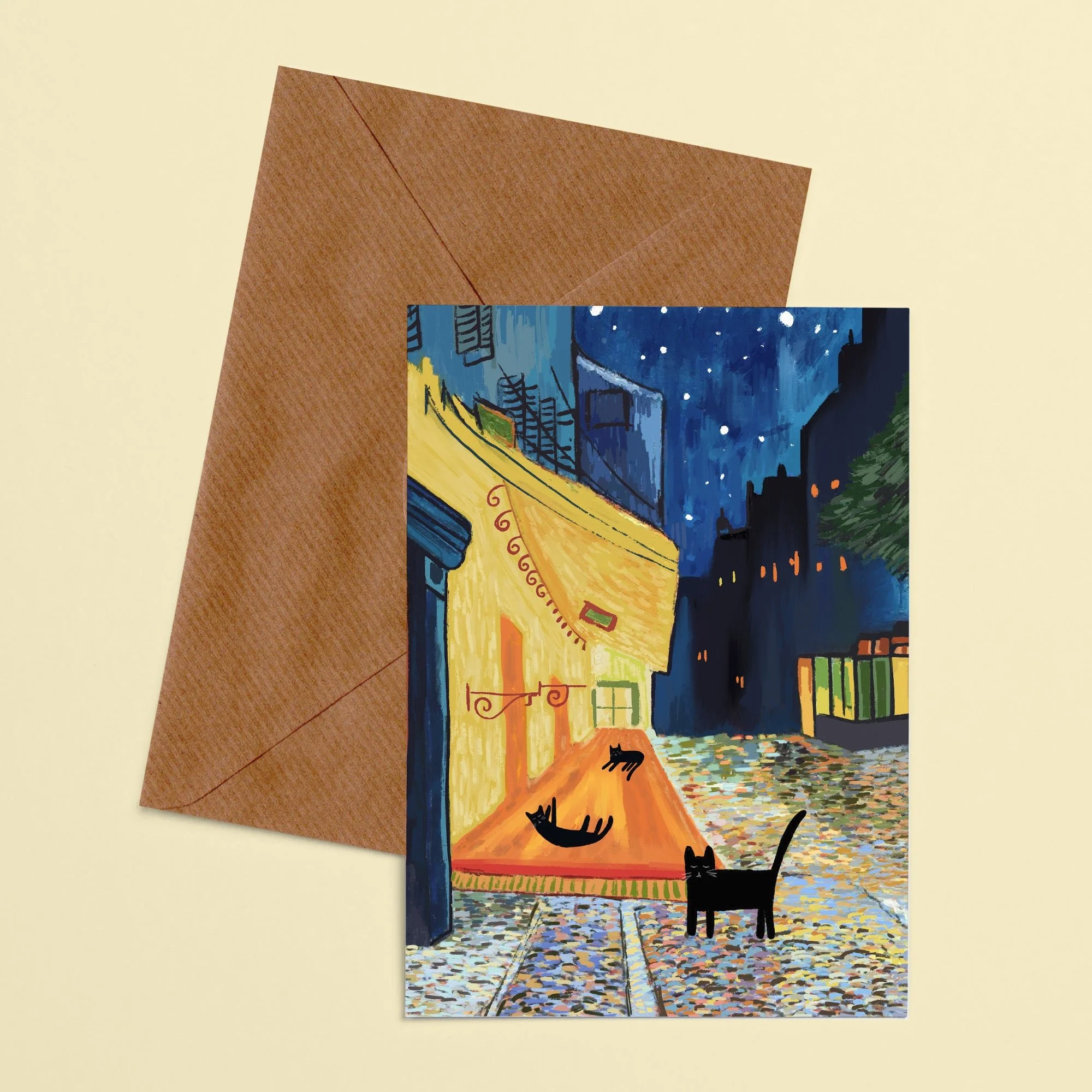 Cat's on the terrace at night cat card by NIASKI, colourful Van Gogh inspired cat greeting card and small gift for cat lovers at Goosebump Hong Kong