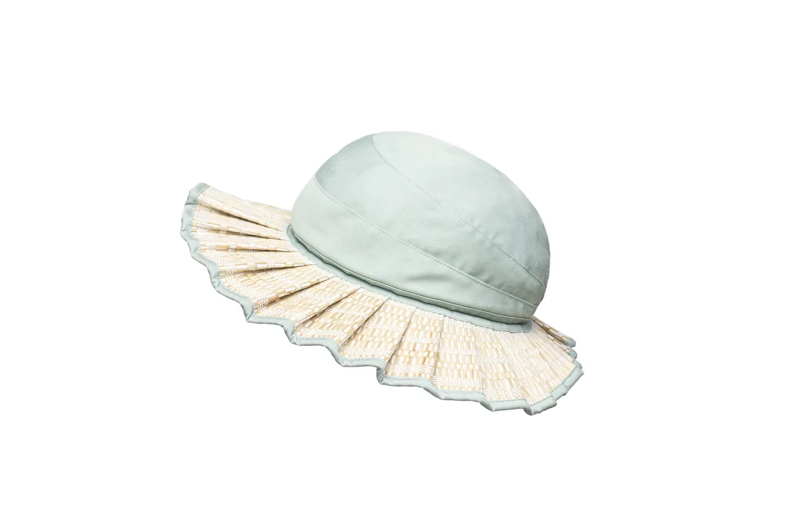 Lorna Murray Polynesia Island Oasis Hat side profile in handwoven natural grass fibres with a pleated brim.